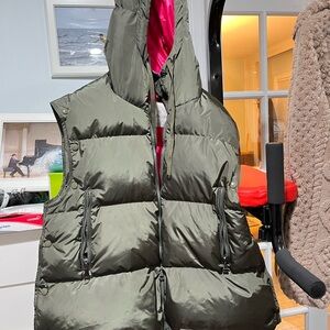 Moncler Olive Green Puffer Vest with Pink Lining